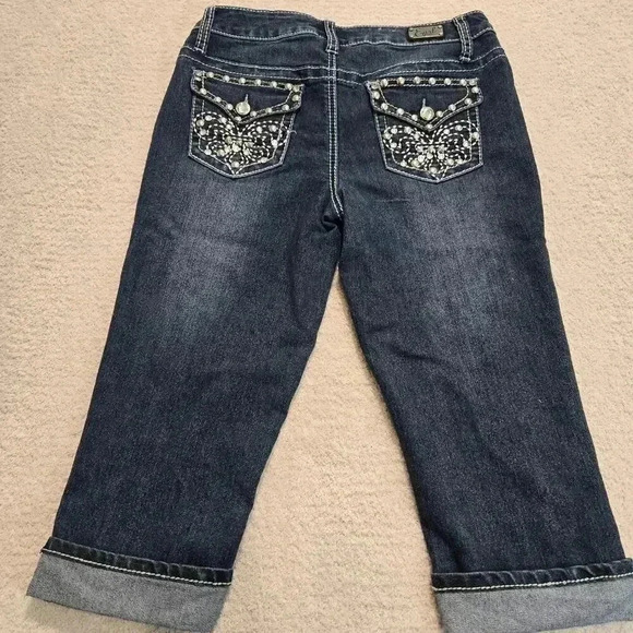 Earl Cropped Cuffed Straight leg Jeans Stud Rhinestone Embellished Women's 4 - Picture 5 of 13